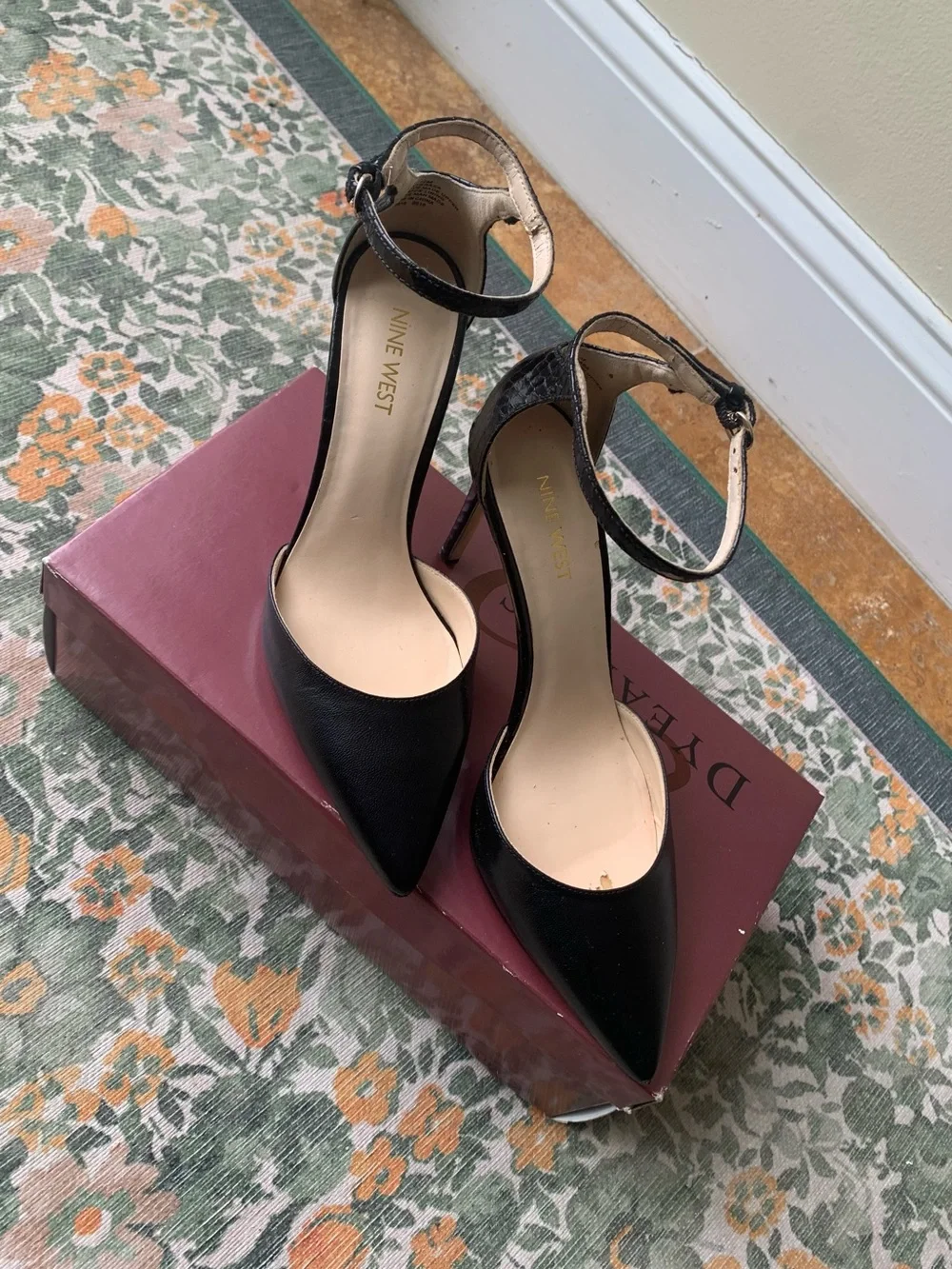 Nine West Black Pointed Toe Ankle Strap Heels - Picture 2 of 8